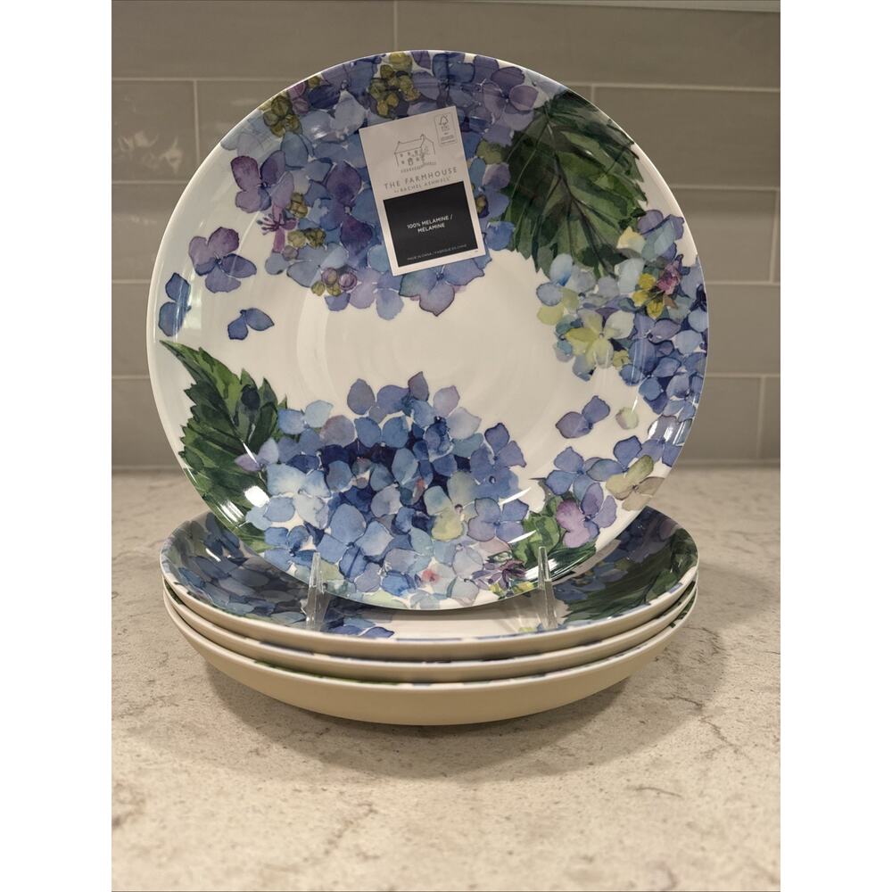 Set 4 Blue Purple Hydrangea MELAMINE Pasta Bowl 9” Rachel Ashwell The Farmhouse